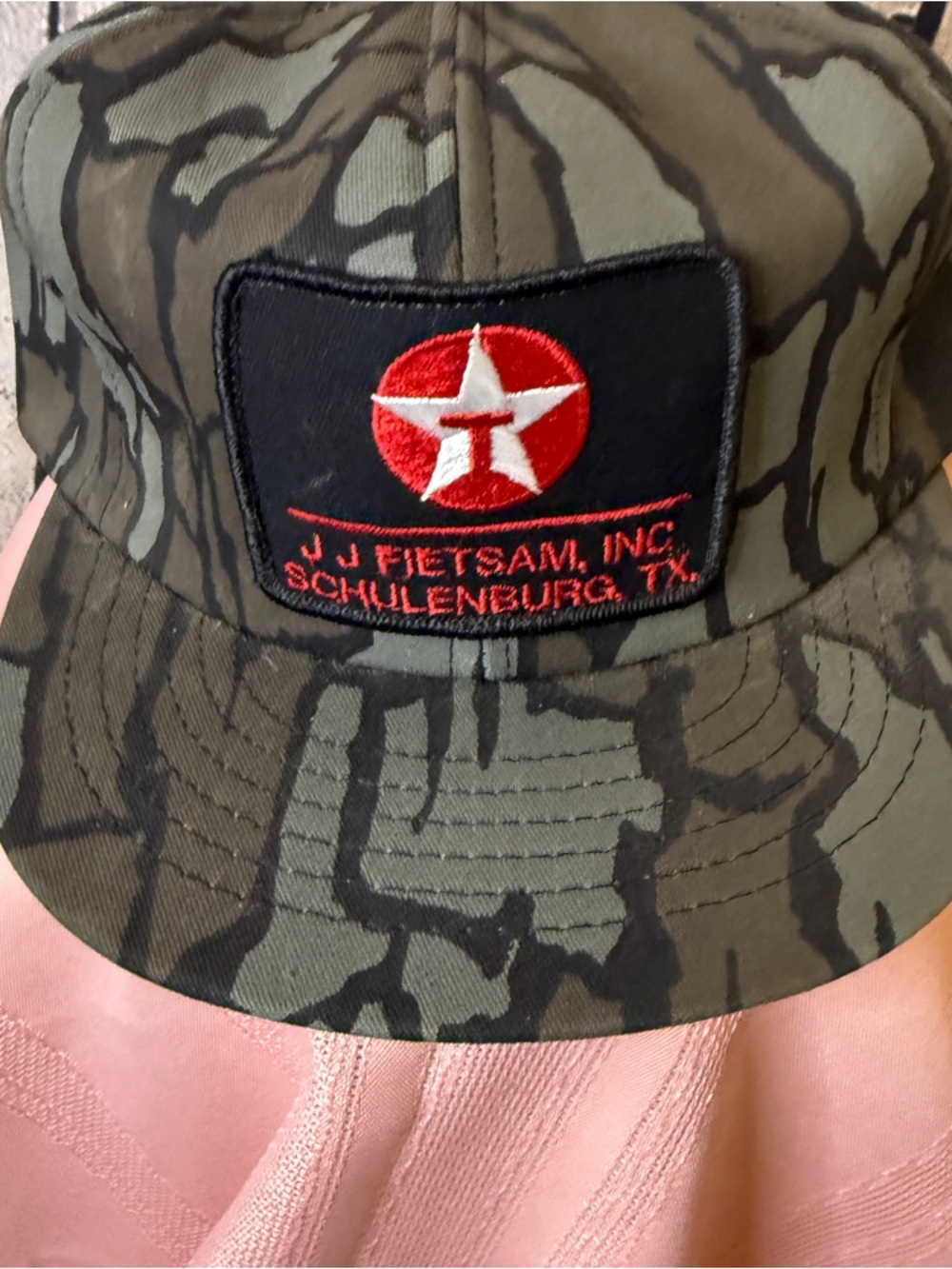 🧢 Vintage Camo Snapback Hat – J.J. Fietsam Schulenburg TX – Texaco Style Logo